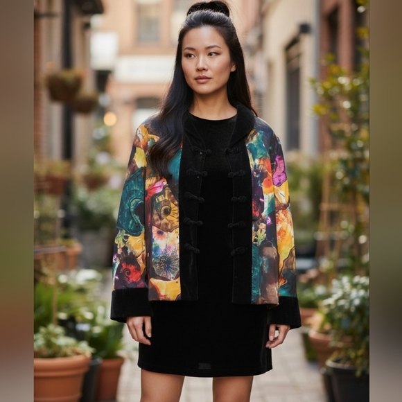 Unique Silky Ink Art Jacket with Velvet Trim - Picture 2 of 15